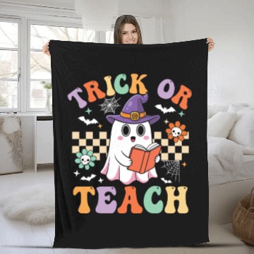 Discover Trick Or Teach Groovy Halloween Retro Floral Ghost Fleece Blankets