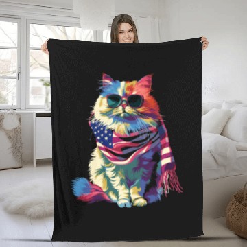 Discover Persian Cat Patriotic US Flag Sunglasses Popart Fleece Blankets