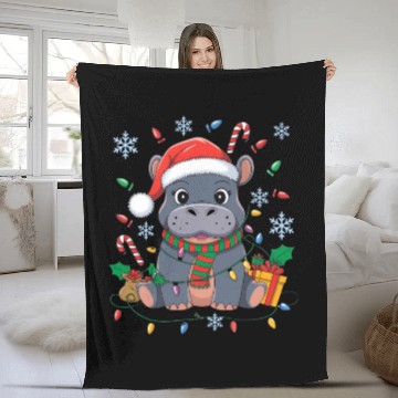 Discover Cute Christmas Hippo - Holiday Lights and Gifts Fleece Blankets