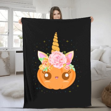 Discover Cute Unicorn Pumpkin: Fall Festivity Delight Fleece Blankets