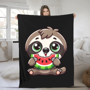Discover Sloth with watermelon cartoon summer vibes Fleece Blankets