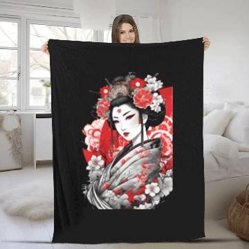 Discover Elegant Geisha with Floral Kimono Fleece Blankets