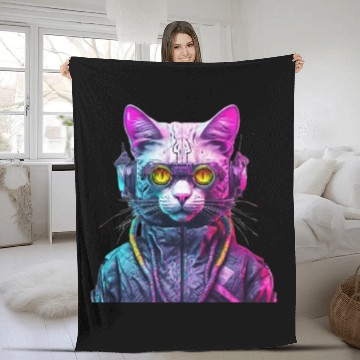 Discover Cyberpunk Cat Warrior Fleece Blankets