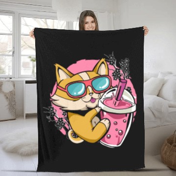 Discover Kitten Kawaii Boba Milk Tea Drinking Cat Fleece Blankets