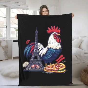 Discover French Pride: Rooster with Eiffel Tower and Pizza Fleece Blankets