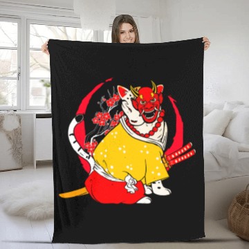 Discover Kanji Japan Katana Oni Ninja Cat Samurai Fleece Blankets