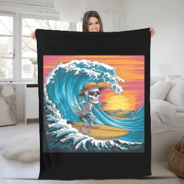 Discover Surfing Skeleton Vibes Surfing Lifestyle Retro Fleece Blankets