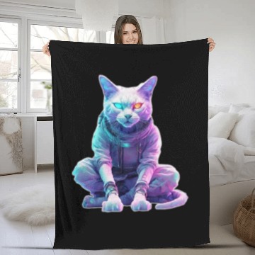 Discover Futuristic Cyberpunk Cat Fleece Blankets