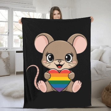 Discover Cute Mouse Holding LGTBQ Rainbow Heart Fleece Blankets