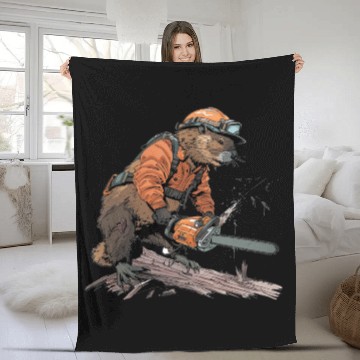Discover Beaver Lumberjack Chainsaw Fleece Blankets