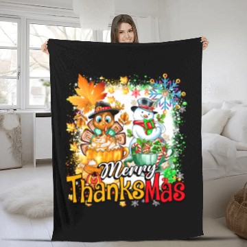 Discover Merry Thanksmas Turkey Snowman Coffee latte cup Fleece Blankets