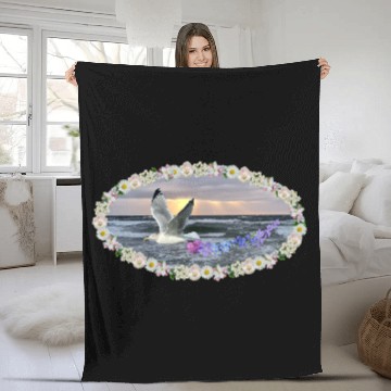 Discover sea beach sunset seagull kitsch flashy magic Fleece Blankets