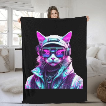 Discover Mystical Cyberpunk Bad Cat Fleece Blankets