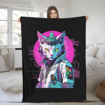 Discover Neon Cyberpunk Warrior Cat Fleece Blankets