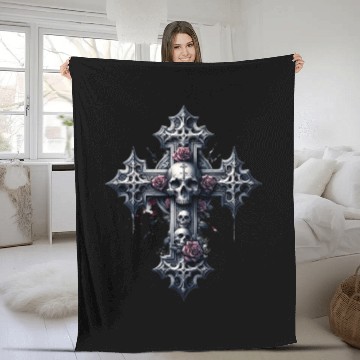 Discover Gothic Cross Collection - Skulls and Red Roses Fleece Blankets