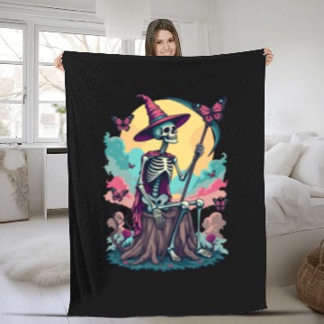 Discover Tarot Card Magical Skeleton Death and Plants Fleece Blankets