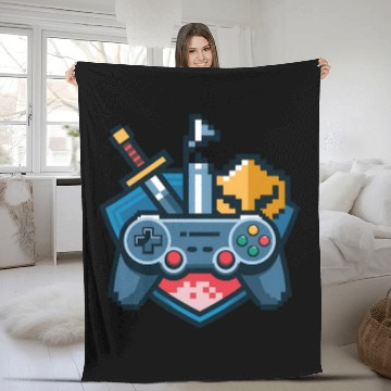 Discover Gaming Logo – Pixel Art Controller and Sword Fleece Blankets