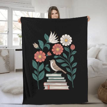 Discover Cottagecore Bird on Books with Flowers Delight Fleece Blankets