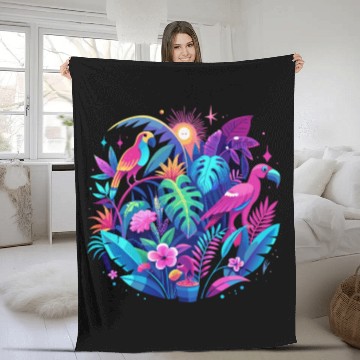 Discover Neon Tropical Jungle at Night – Bright Pink Leaves Fleece Blankets