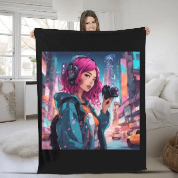 Discover Cyberpunk Pink-Haired Girl - Neon Dreams Fleece Blankets