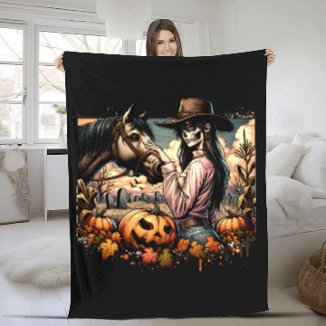 Discover Haunting Cowgirl and Horse in Halloween Graveyard Fleece Blankets