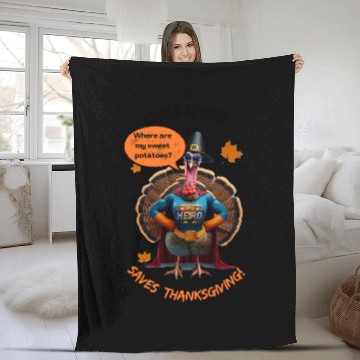 Discover Super Turkey Saves Thanksgiving Fleece Blankets