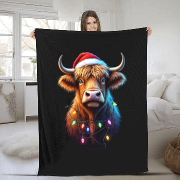 Discover Scottish Highland Cow With Xmas Lights Fleece Blankets