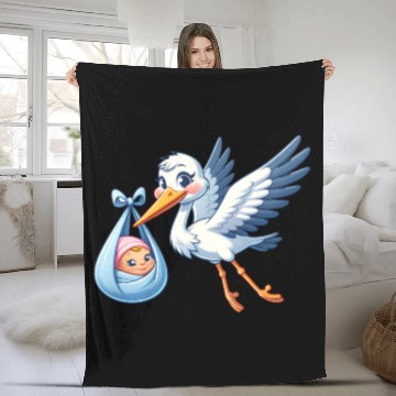Discover Stork Carrying Newborn Baby in Blue Blanket - Fleece Blankets