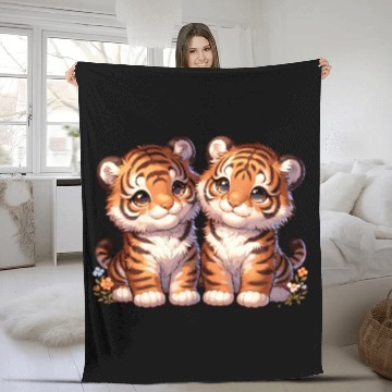 Discover Adorable Twin Tiger Cubs Illustration with Flowers Fleece Blankets