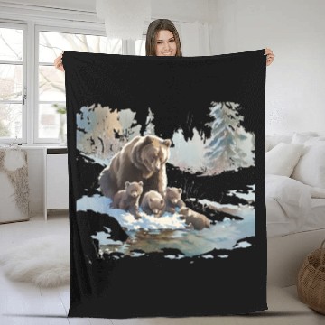 Discover Retro 399 Grizzly Bears Wilderness Scene 90s Fleece Blankets