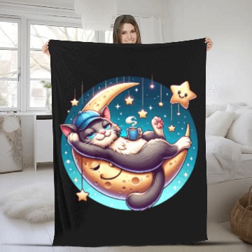 Discover Cute Cat Relaxing on Moon with Stars and Coffee Fleece Blankets
