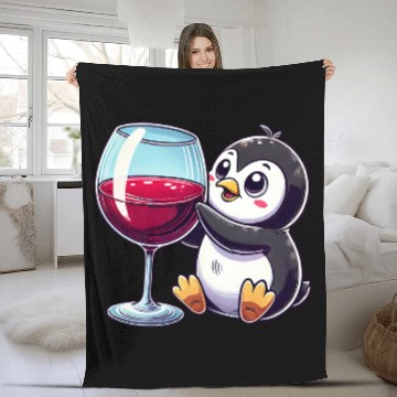 Discover Cute Penguin Red Wine Critic Cartoon Fleece Blankets