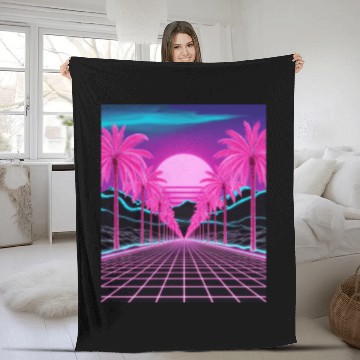 Discover Neon Dreamscape: Retro-Futuristic Synthwave Sunset Fleece Blankets