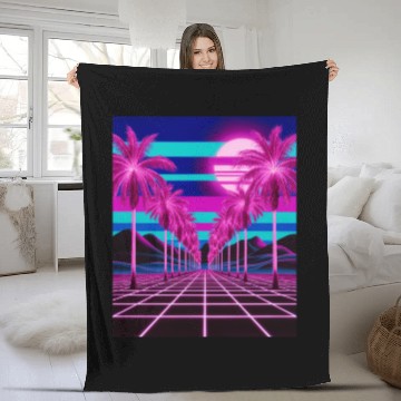 Discover Neon Dreamscape: Retro-Futuristic Synthwave Sunset Fleece Blankets