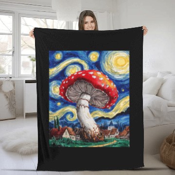 Discover Starry Night Mushroom: Surreal Watercolor Dreamsca Fleece Blankets