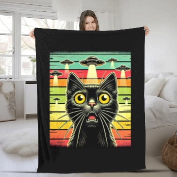 Discover Fun Cat sunset Galaxy Cat Spaceship Alien Cat UFOs Fleece Blankets