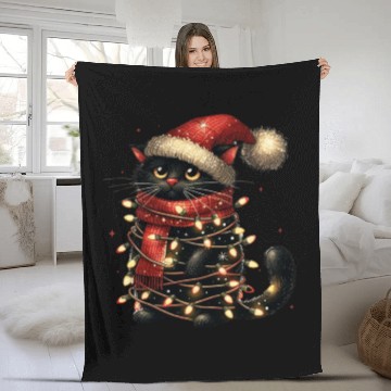 Discover Black Cat In Christmas Light, Cat Lights Fleece Blankets