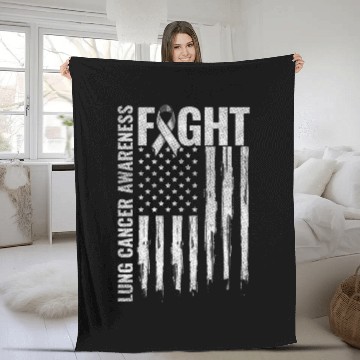 Discover Lung Cancer Awareness White Ribbon Fight USA Flag Fleece Blankets