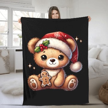 Discover Cute Christmas teddy bear with gingerbread Fleece Blankets