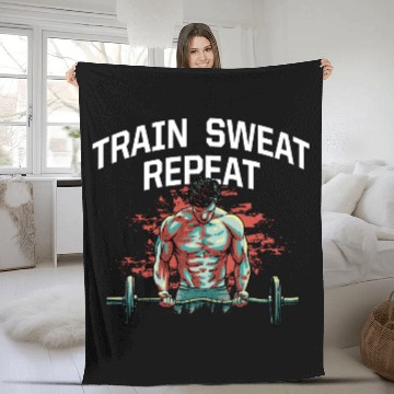 Discover Train Sweat Repeat Funny Workout Humor Gym Sayings Fleece Blankets