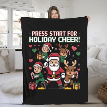 Discover Christmas Typography press start for holiday cheer Fleece Blankets