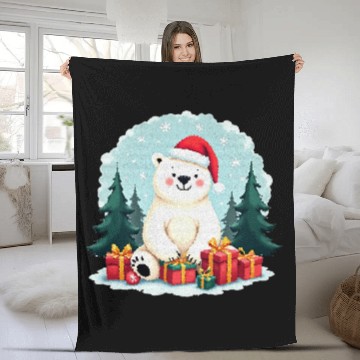 Discover Adorable Polar Bear in Santa Hat Fleece Blankets