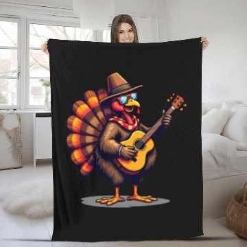 Discover Funny Thanksgiving Turkey Guitar Player Music Fleece Blankets