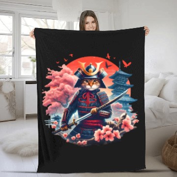 Discover Samurai Cat Graphic Warrior Vintage Japanese Anime Fleece Blankets