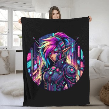 Discover Neon Cyberpunk Elf in Futuristic Cityscape Fleece Blankets