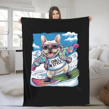 Discover French Bulldog Snowboard Skiing for French Fleece Blankets