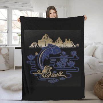 Discover fantasy carp-bird hybrid swimming in a lotus pond Fleece Blankets
