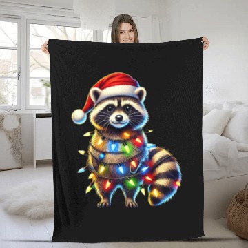 Discover Festive Raccoon with Christmas Lights Fleece Blankets