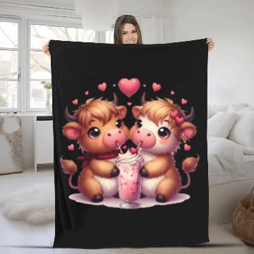 Discover Cute Cartoon Valentines Highland Cow Fleece Blankets