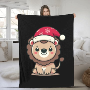 Discover lion cub with christmas hat Fleece Blankets